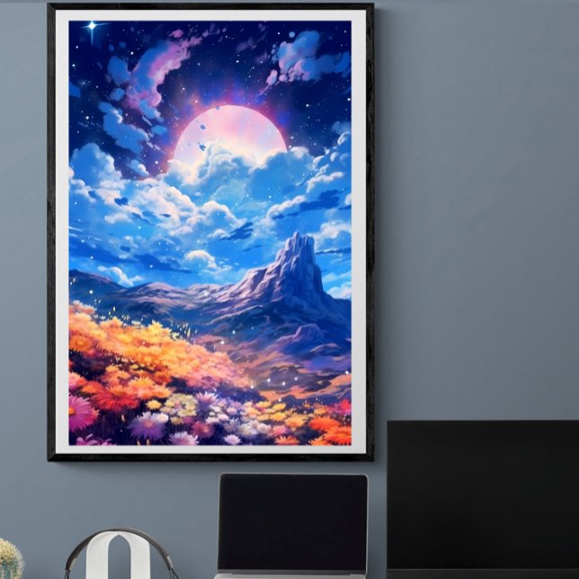 Pink moon night sky floral landscape | Ai Poster (Creator Uploaded)