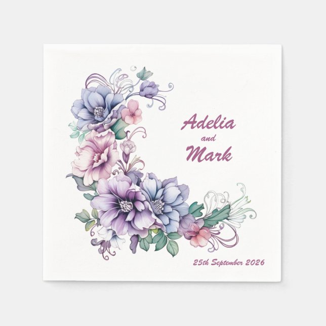 Pink Moon on Flowers: Personalized Wedding Napkins (Front)