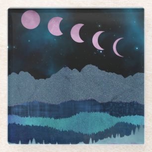 Pink Moon Phases Landscape Glass Coaster