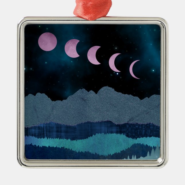 Pink Moon Phases Landscape Metal Tree Decoration (Front)