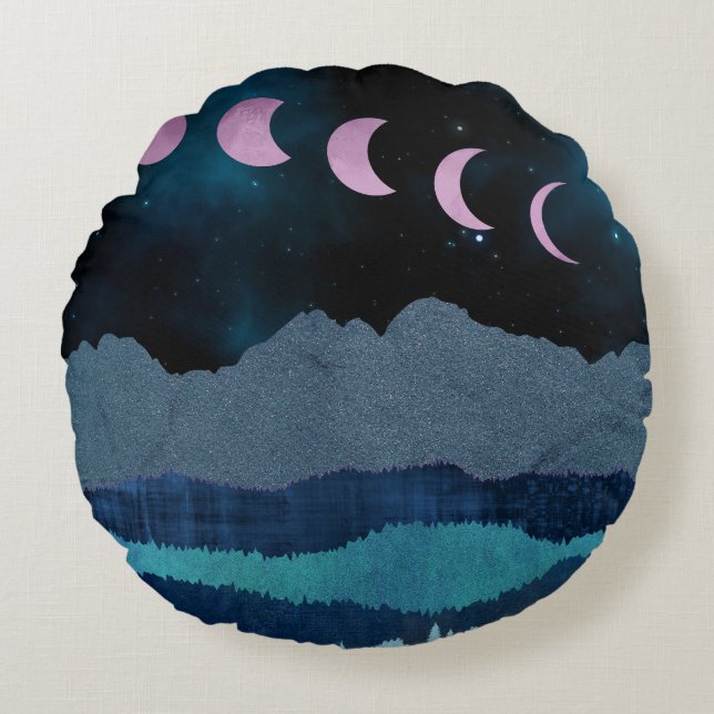 Pink Moon Phases Landscape Round Cushion (Front)