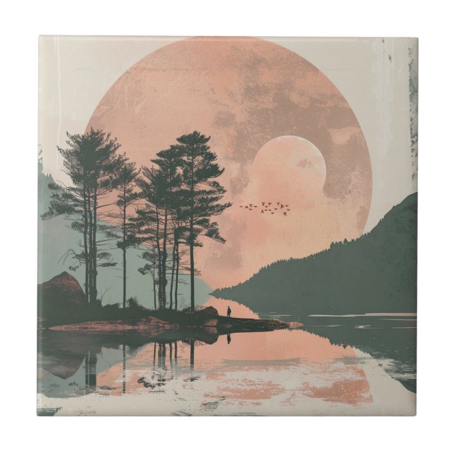 Pink Moon Sage Mountain Forest Lake Landscape Tile (Front)