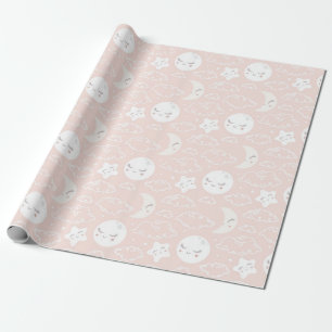 Pink Moon Stars And Clouds Baby Shower Pattern Wrapping Paper