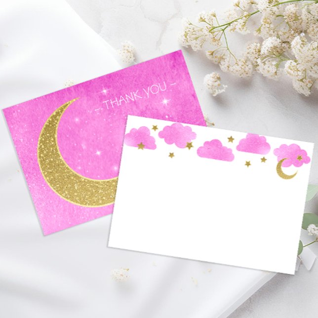 Pink Moon & Stars Baby Shower Thank You Card (Moon & Stars Thank You Note Cards)