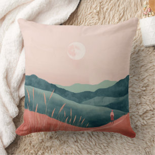 Pink Moon Teal Boho Mountain Landscape Cushion