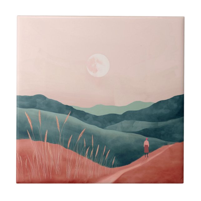 Pink Moon Teal Boho Mountain Landscape Tile (Front)