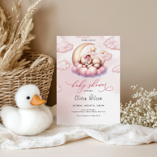 Pink Moon & Teddy Bear Baby Shower Invitation
