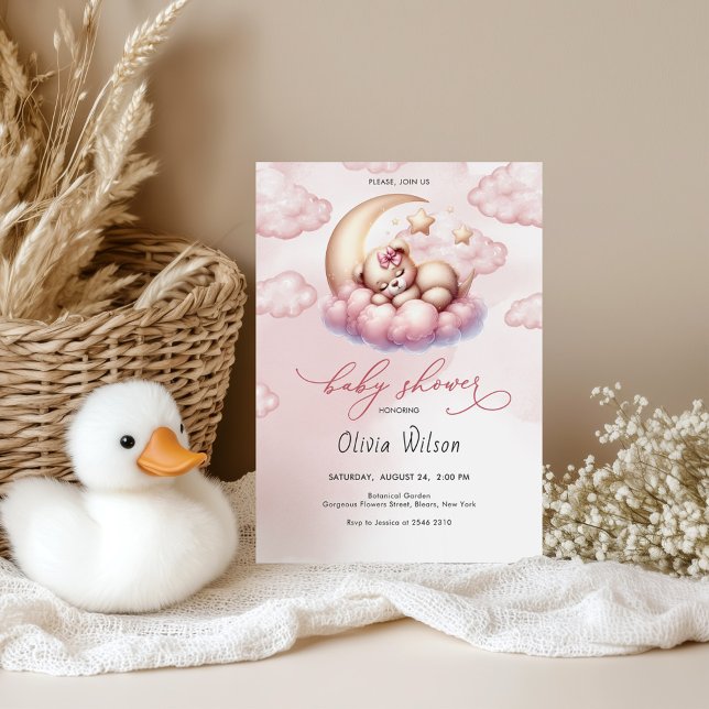 Pink Moon & Teddy Bear Baby Shower Invitation (Creator Uploaded)