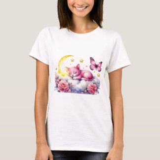 Pink Mooncat Dream on Clouds T-Shirt