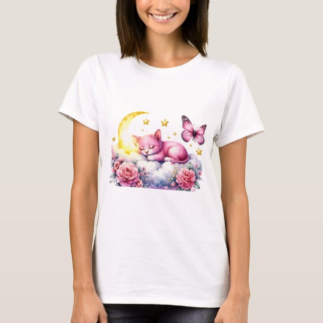 Pink Mooncat Dream on Clouds T-Shirt (Front)