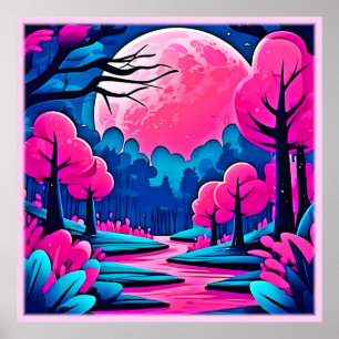Pink Moonlit Forest Art Poster