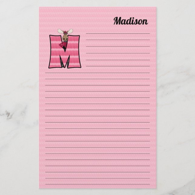 Pink Moose Mongram "M" Lined Stationery (Front)