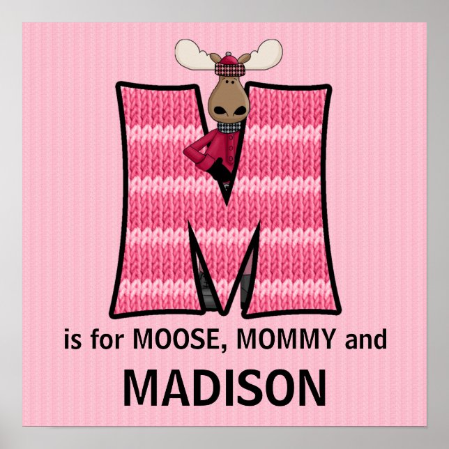 Pink Moose Monogram Letter M Baby Room Poster (Front)