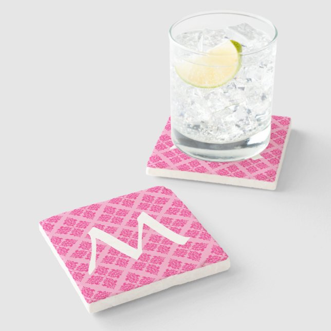 Pink Moroccan Damask with Monogram Stone Coaster (Side)