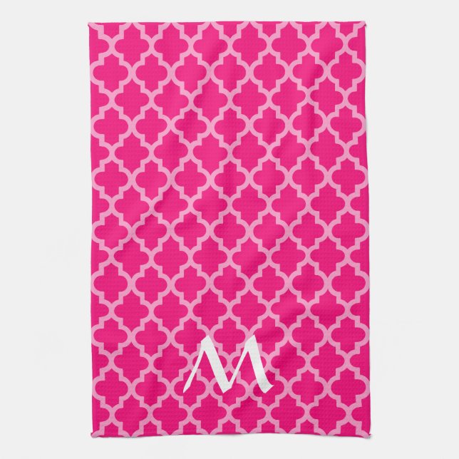 Pink Moroccan Moods Quatrefoil with Initial Tea Towel (Vertical)