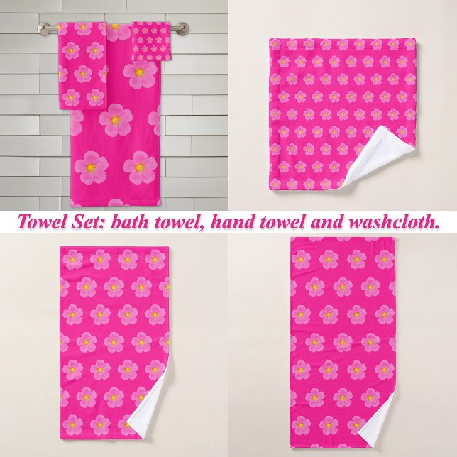 Pink Moss Rose Flower Seamless Pattern on Bath Towel Set (Pink Moss Rose flower seamless pattern on bath towel set: wash cloth, hand towel and bath towel)