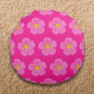 Pink Moss Rose Flower Seamless Pattern on Round Cushion