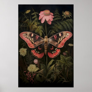 Pink Moth Botanical Print, Butterfly Dark Academia Poster