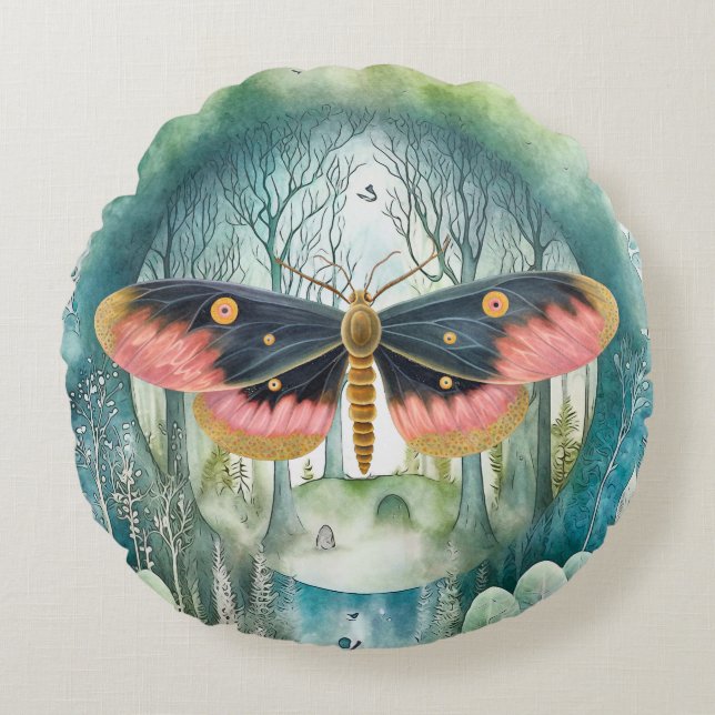 Pink Moth Forest Night Round Cushion (Front)