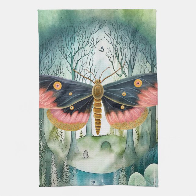 Pink Moth Forest Night Tea Towel (Vertical)