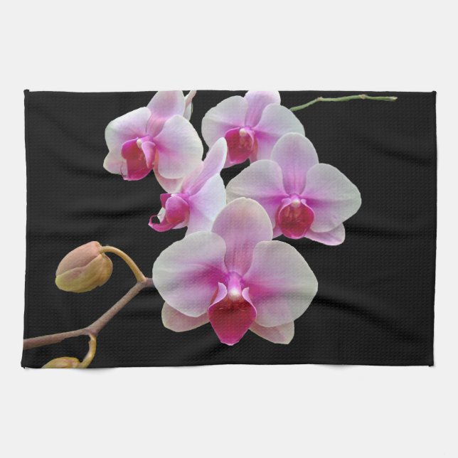 Pink Moth Orchids ON Black- Phalaenopsis Tea Towel (Horizontal)