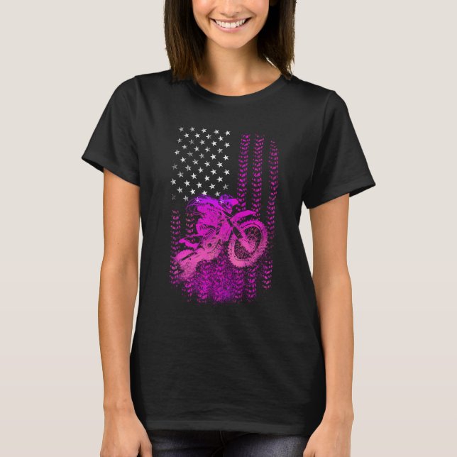 Pink Motocross Girl with Tire Track Ameriacn Flag T-Shirt (Front)