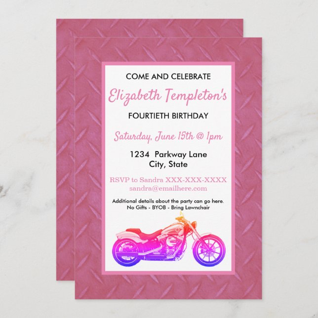 Pink Motorcycle Birthday Party Women's Invitation (Front/Back)