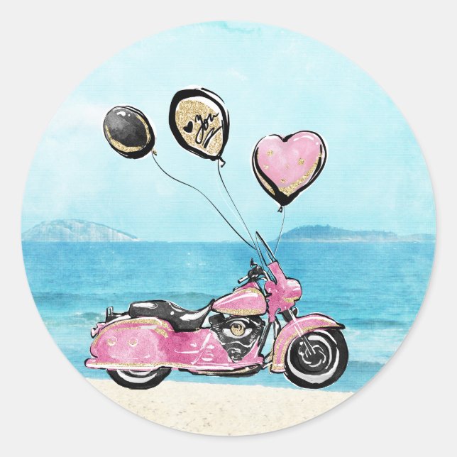 Pink Motorcycle on Beach Wedding Sticker (Front)