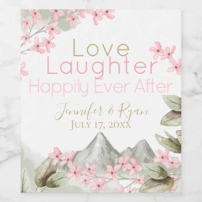 Pink Mountain Blossoms Floral Watercolor Wine Label (Single Label)