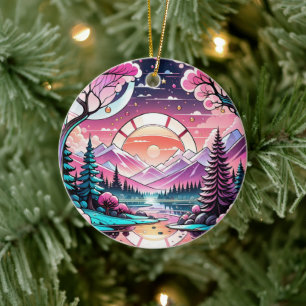 Pink Mountains Ceramic Decor Stained glass look Tree Decoration