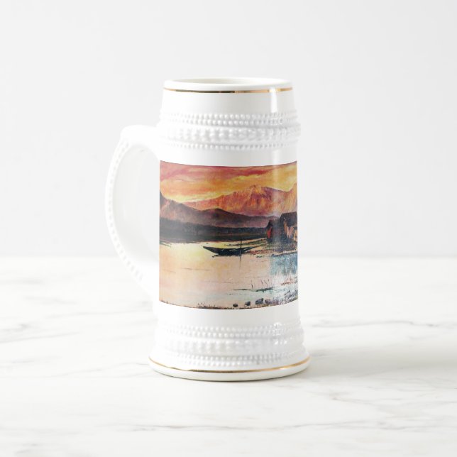PINK MOUNTAINS LAKE ALPINE SUNSET LANDSCAPE BEER STEIN (Front Left)
