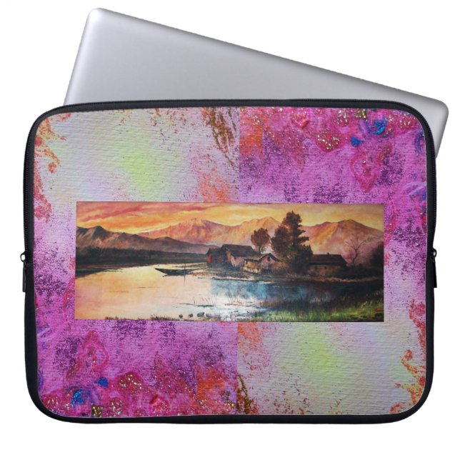PINK MOUNTAINS LAKE ALPINE SUNSET LANDSCAPE LAPTOP SLEEVE (Front)
