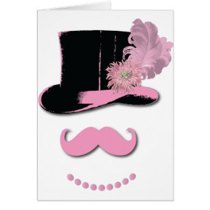 Pink moustache, top hat, feathers, and flower