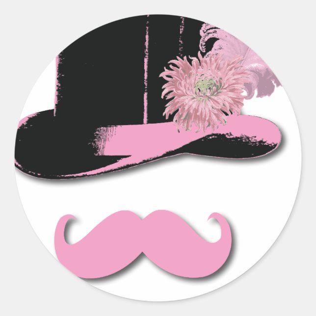 Pink moustache, top hat, feathers, and flower classic round sticker (Front)