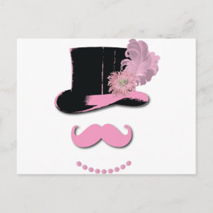 Pink moustache, top hat, feathers, and flower postcard