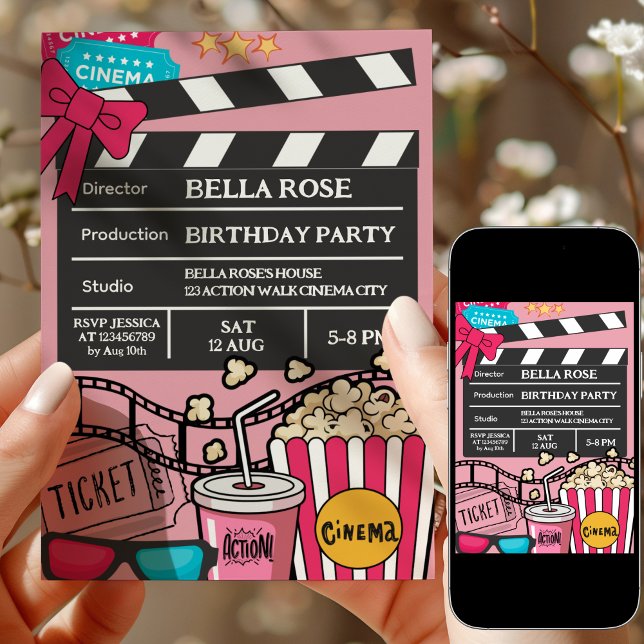 Pink Movie Night Birthday Party For Girls Invitation (Creator Uploaded)