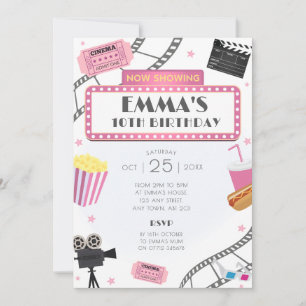 Pink Movie Night Birthday Party Invitation Cinema