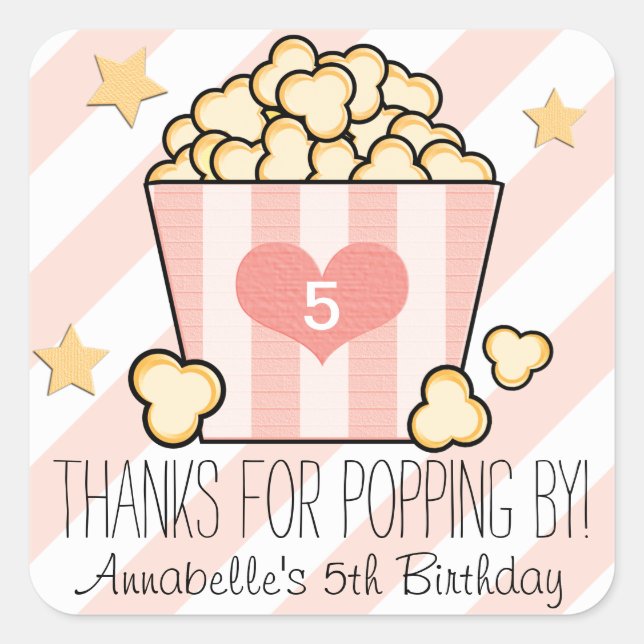 Pink Movie Popcorn Thank You Birthday Party Favour Square Sticker (Front)
