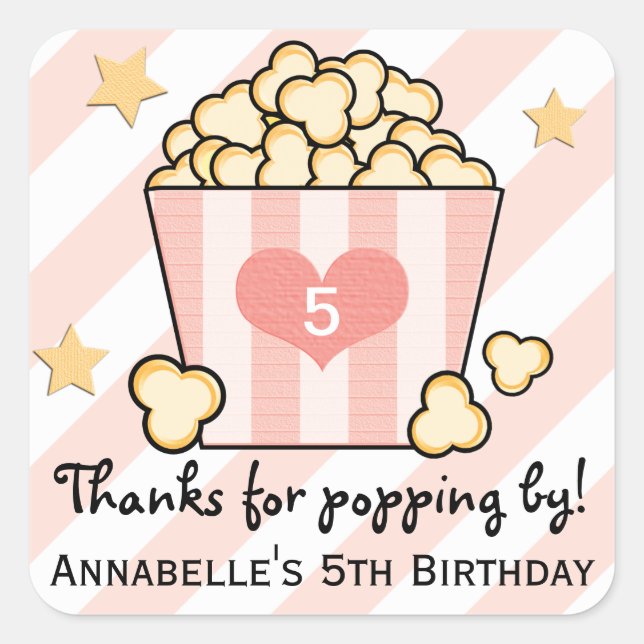 Pink Movie Popcorn Thank You Birthday Party Favour Square Sticker (Front)