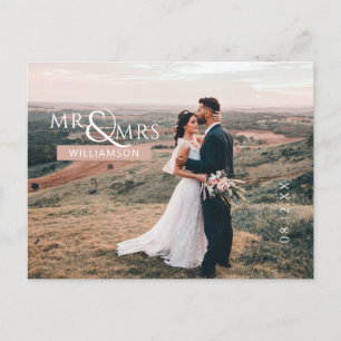 Pink Mr & Mrs Monogram Wedding Photo Thank You Postcard