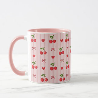Pink mug with red cherries and red bows and hearts