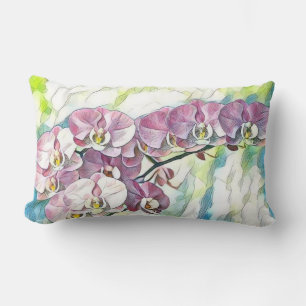 Pink multicolored orchid flowers watercolor  lumbar cushion