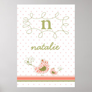 Pink Mum & Baby Bird Monogram Kids Wall Art Poster
