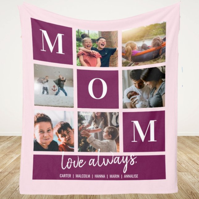 Pink Mum Colorblock Six Photo Collage Personalised Fleece Blanket (Creator Uploaded)