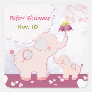 Pink Mum n Baby Elephants Baby Shower Square Sticker