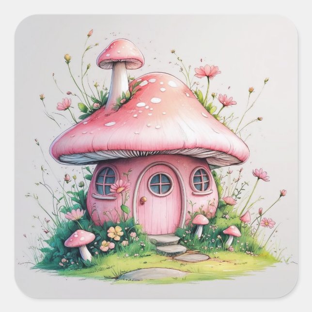 Pink Mushroom Cottage Square Sticker (Front)