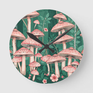 Pink Mushroom Forest Pattern Woodland Naturecore  Round Clock