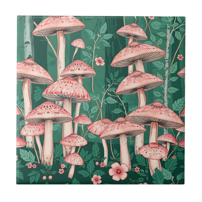 Pink Mushroom Forest Pattern Woodland Naturecore  Tile (Front)