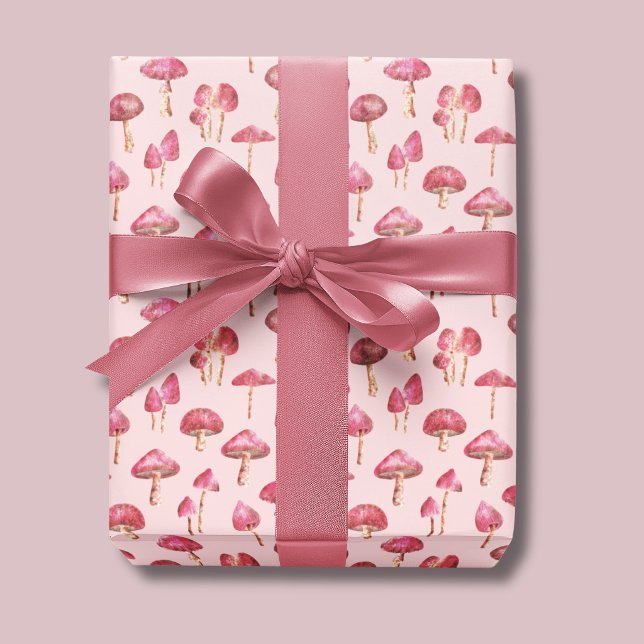 Pink Mushroom Pattern Wrapping Paper (Pink mushroom wrapping paper. Woodland mushrooms on pale pink background.)