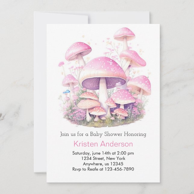 Pink Mushroom Whimsical Woodland Girl Baby Shower Invitation (Front)
